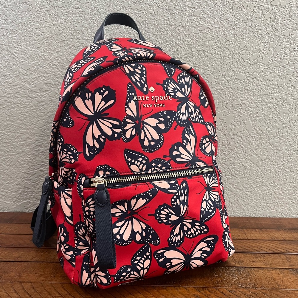 Kate Spade ♠️ New York Red Butterfly Print Mini Backpack with Navy Accents